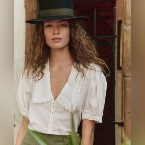 THE GREAT. Ivory Lace Detail Blouse